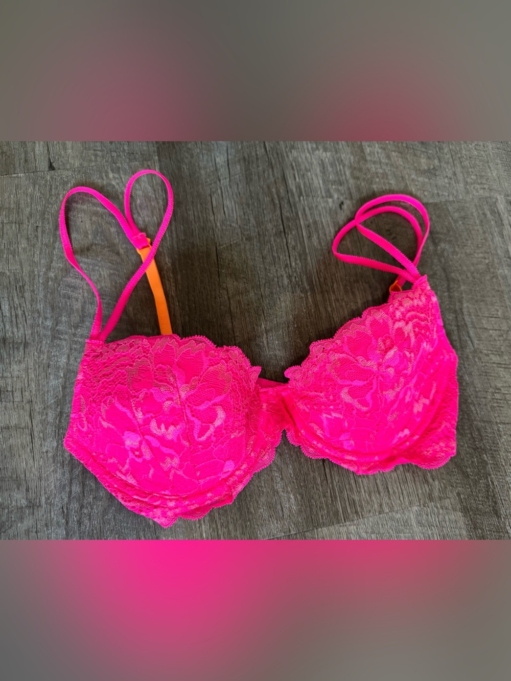 Victoria's Secret PINK Hot Pink Lace Floral Lightly Lined Underwire Bra, 32C